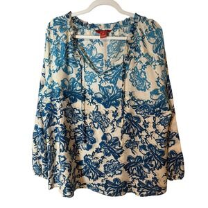 Sundance 100% Silk Floral Print Ruffle Neck‎ Tie Blouse XL Blue Peasant Boho